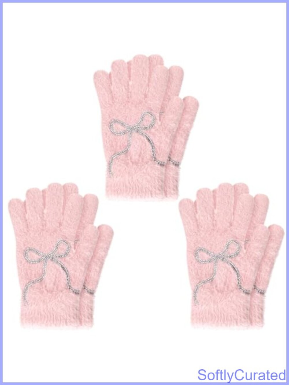 Faux Mink Fuzzy Full Finger Winter Gloves Rhinestone Bow Pull On